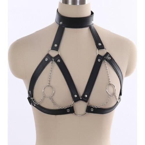 Black Leather Harness Cage Bra O-ring Crop Tops Fetish Harajuku Gothic Adjust Hollow Out Body Cage Dance Rave Lingerie for Women