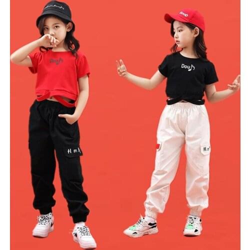 Kid Fashion Hip Hop Clothing Black T Shirt Short Sleeve Top Crop Running Casual Pants for Girls Jazz Dance Costume Clothes Wear