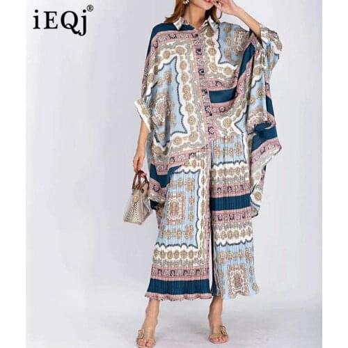 IEQJ European and American popular Satin texture personalized printing loose bat sleeve shirt pleated wide leg pants suit