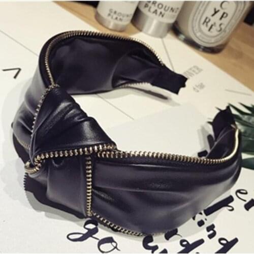 Black PU Hairband with Zipper Chain Decorated Women Hair Accessories Top Quality Headdress Wide Head Band Adults Headband
