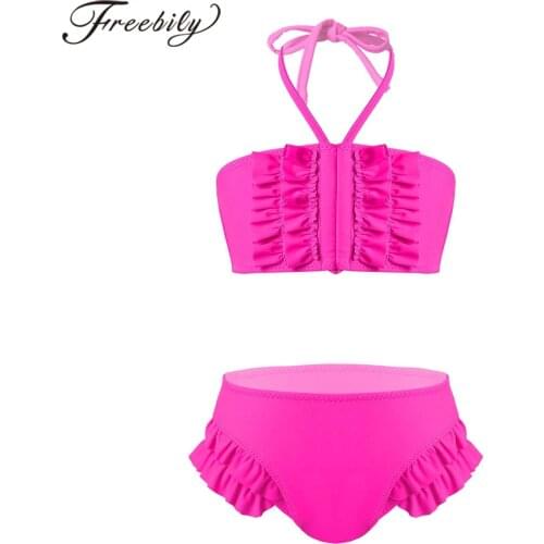 2Pcs Kids Girls Swimsuit Ruffle Swimwear Outfit Haler Neck Bra Top + Bikini Bottoms Childrens Swimsuits Beach Wear Bathing Suit