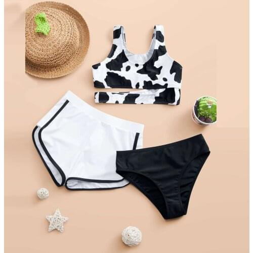 Girls' Summer Cute Crisscross Back Cow Floral Print Three-piece Swimsuit Bikini Set Beach Swimming Suit Купальник Для Девочки