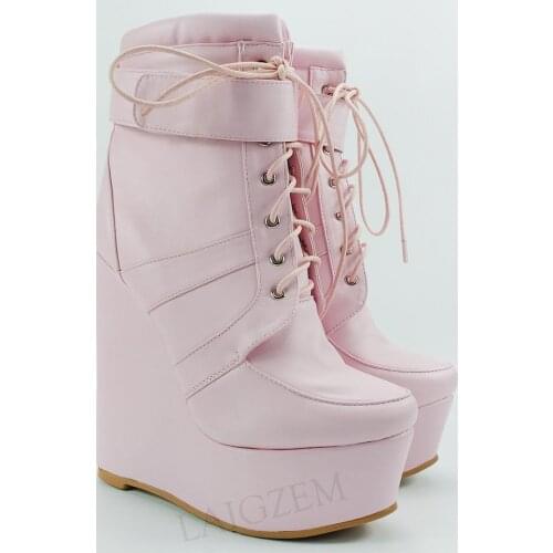 LAIGZEM Women Ankle Platform Wedges Boots Faux Leather Pink High Heeled Boots Unisex Casual Shoes Woman Big Size 42 45 47 48 52