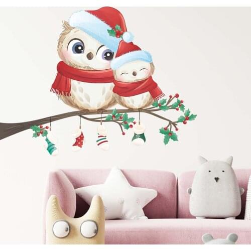 Cartoon Owl Tree Branch Wall Stickers Christmas Stocking Hanging Decorations Ornaments For Home Decor Kids Room Decals Mural Art