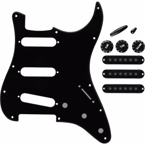 FLEOR Set of Black 1Ply US 11 Hole ST Guitar Pickguard SSS & Single Coil Pickup Covers 2T1V Guitar Knobs Switch Tips
