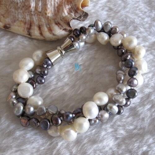 Natural 8" 6-9mm White Gray Peacock Baroque 3Row Freshwater Pearl Bracelet