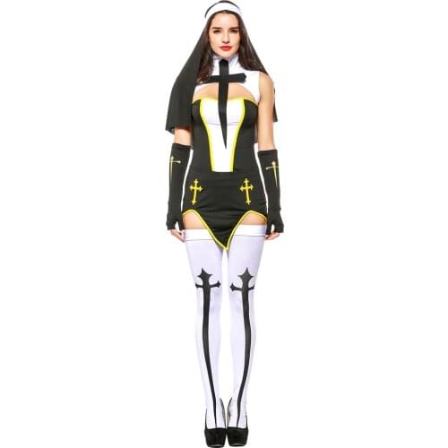 2018 New Black short Dresses Set Split Role Play Nun Costumes Sexy Women Shows Cosplay Uniform Temptation Nun Halloween Costume