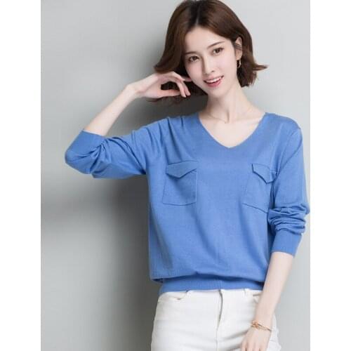 New 2019 Lady Knit Blouse Pockets Design Wool Tops V-Neck Sweater Jumper Solid Colors