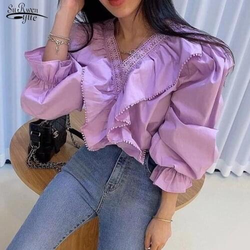 Sweet High Quality Spring Summer New Vintage Brief Blouses All Match Office Lady V-Neck Solid Cotton Ruffles Basic Shirts 13568
