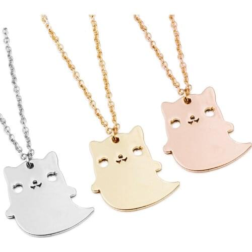 Sasusp Stainless Steel Cute Cartoon Ghost cat Pendant Necklace Women Choker Chain Necklace For Kids Daughter Small Gift
