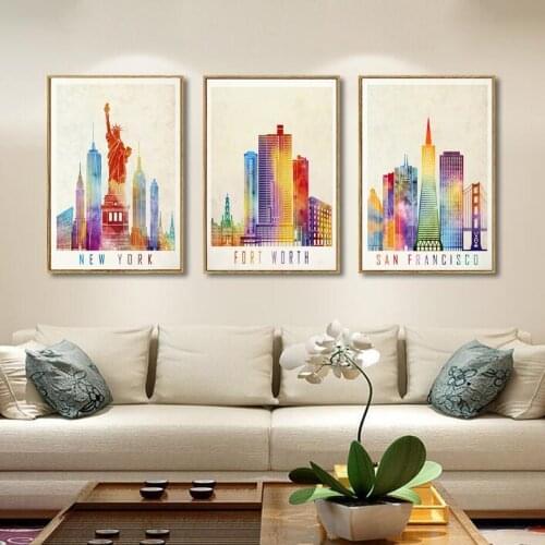 Modern City Paris New York Building Landscape Canvas Watercolor Posters Prints Wall Art Pictures for Living Room Home Decoration