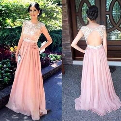 Superkimjo prom dresses pink cheap chiffon lace sheer crew neckline floor length long evening dresses gowns arabic