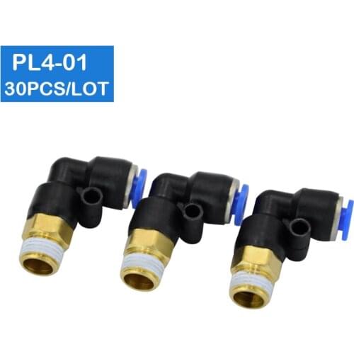 High quality 30 Pcs of PL4-01, 1/8" Male Thread to 4mm Elbow Pneumatic Connector Fittings