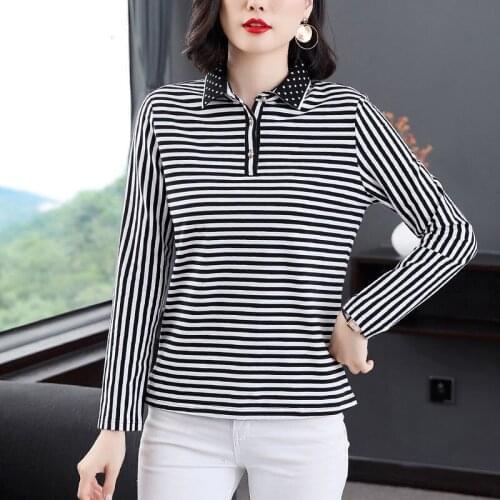 2021 Autumn Spring New Turndown Collar Polyester Woman long sleeve t-shirts Fashion Korean Style Striped Oversized t shirt