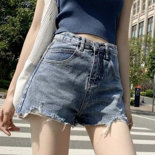 Women Denim Shorts Frayed Vintage Holes Solid Fur-lined Fashion Loose High Waist Chic Retro All-match Casual Ulzzang Teens Sexy