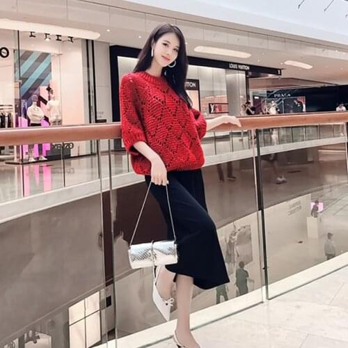 Female Loose Knitted Sweaters+Without Sleeve Dress Two-piece Womans Fashion Hollow Suit Autumn 5 Minutes Sleeve Bat Shirt Top