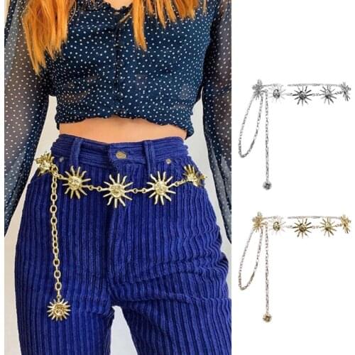 Gothic Punk Women Skinny Belt Vintage Harajuku Boho Metal Sun Pendant Charm High Waist Chain Beach Party Body Jewelry
