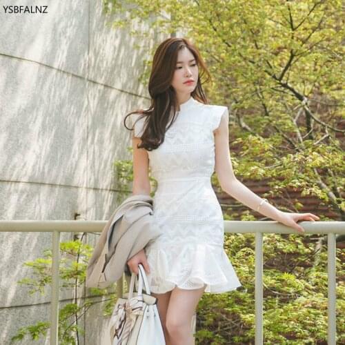 White Lace Fishtail A Word Sexy Mini Dress Woman Party Night Summer Black Elegant Sleeveless O-neck Back Neckline CutOut Roupas