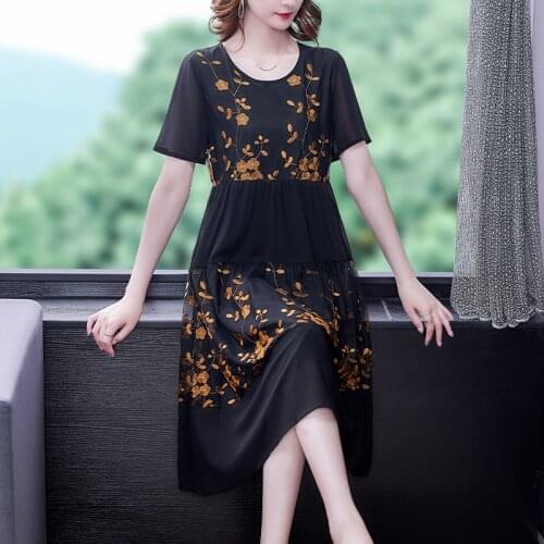 2021 Women 4XL Plus Size Floral Embroidery Casual Dress Summer Vintage Chiffon Mesh Midi Dresses Elegant Bodycon Party Vestidos