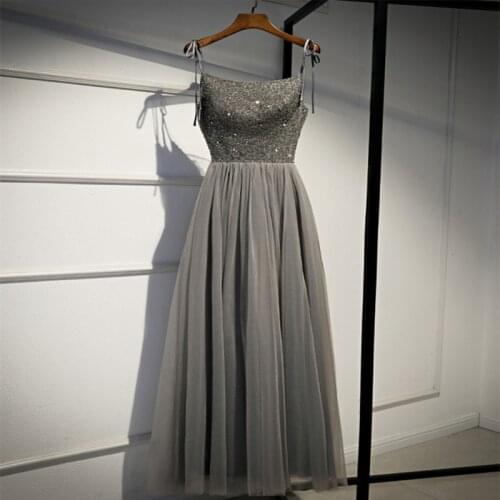 2020 Sexy Boat Neck A-line Evening Dress Robe De Soiree High Quality Fashion Gray Evening Dresses Long Dress Vestido De Festa