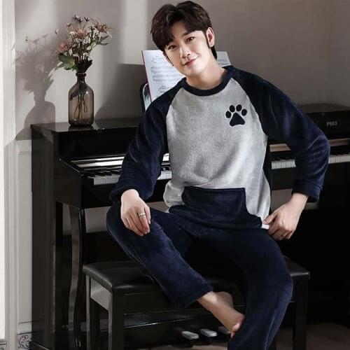 2020 Winter Long Sleeve Thick Warm Flannel Pajamas Sets for Men Coral Velvet Sleepwear Suit Pyjamas Lounge Homewear Home Clothes