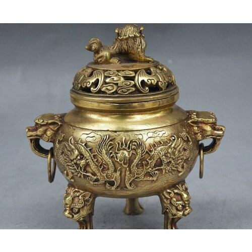 6" Old China Folk FengShui Brass Lion Lid 4 Dragon Beast Tripod Incense Burner