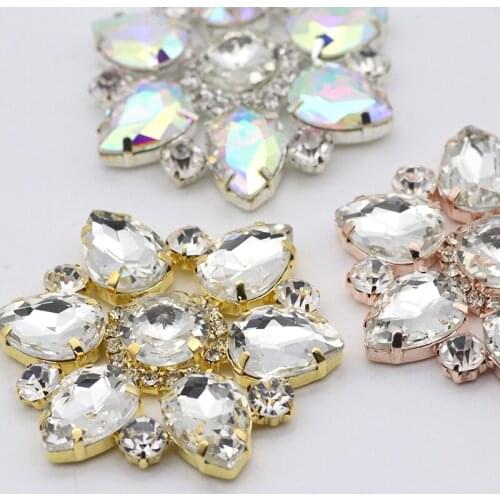 Big Size Crystal White Flower Rhinestone Applique with rose gold Base Rhinestone Brooch sew on Rhinestones for DIY Wedding Dress