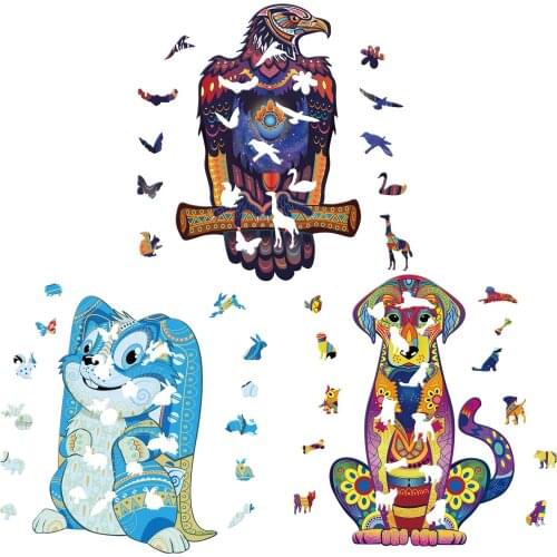 Montessori Wooden Jigsaw Puzzle Unique Shape Animal Eagle Lop Eared Rabbit Dog Puzzles Toys for Children Christmas Gift Toy