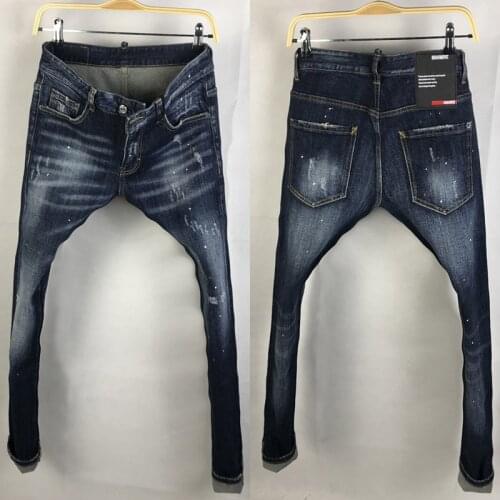 Italian Vintage Fashion Men Jeans Retro Dark Blue Slim Fit Ripped Jeans Men High Quality Painted Designer Streetwear Denim Pants