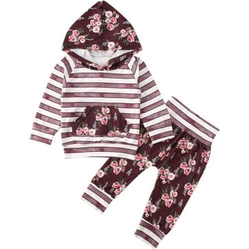 ImCute 2020 Newborn Baby Girl Floral Striped Long Sleeve Top Hooded Pants Outfits Clothes Set Tracksuit 0-2Y