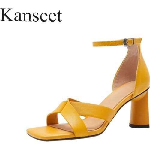 Kanseet Genuine Leather Thick Heels New Summer Women Sandals Party Dress High Heels Buckle Open-Toed Yellow Woman Heels 2021