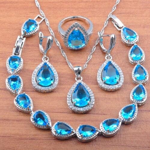 Silver Color Jewelry Sets Water Drop Sky Blue Cubic Zirconia Party Jewelrry For Women Earrings//Bracelet/Ring Set JS0104