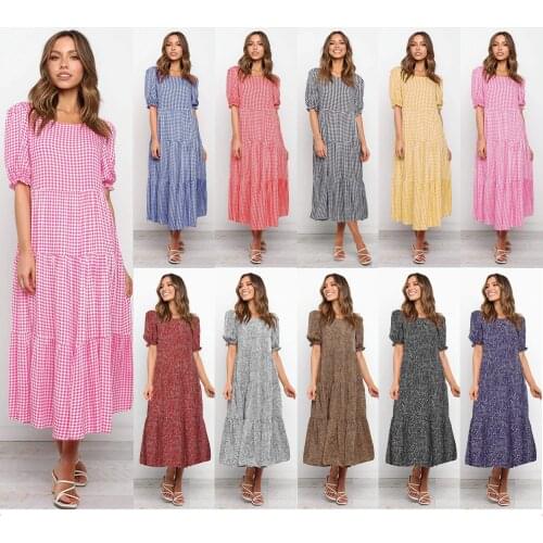 Summer Dress Women Plaid Color Print Pathwork Loose Long Dresses Puff Sleeve Beach Style Casual Party Birthday Clothing C2419