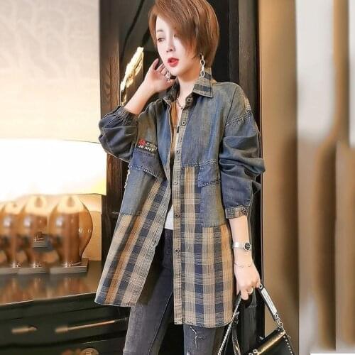 Fashion Ladies Denim Jacket New Autumn Product Cowboy Splicing Plaid Shirt Coat Loose Female Outerwear Tops Jeans Jacket W766