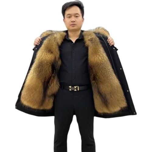 Winter Hooded Parka Men Natural Muskrat Fur Liner Raccoon Fur Collar Coat Classic Black Business Jacket Plus Size Custom