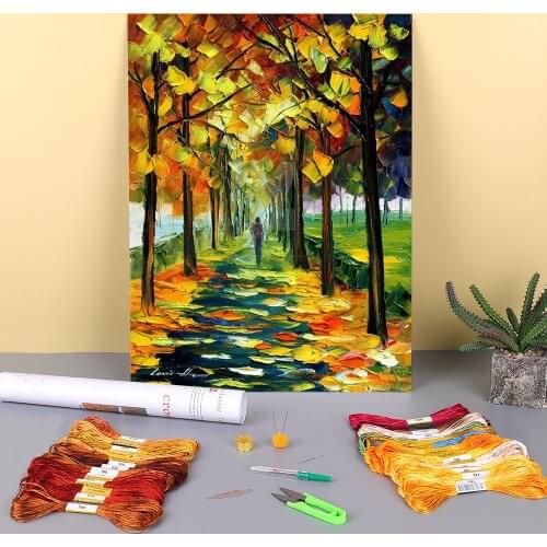 The Gold Fall Pre-Printed 11CT Cross Stitch DIY Embroidery Kit DMC Threads Sewing Painting Needlework Craft Promotions