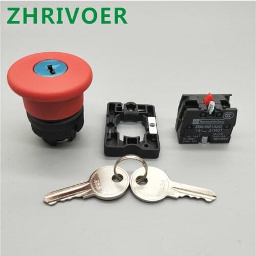 22mm 40mm XB2-ES142C Mushroom Head Emergency Stop Push Button Switch with Key 10A/600V