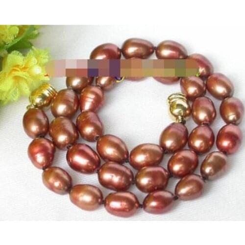 Genuine 16" 9-10mm rice light coffee pearls necklace magnet clasp j7933