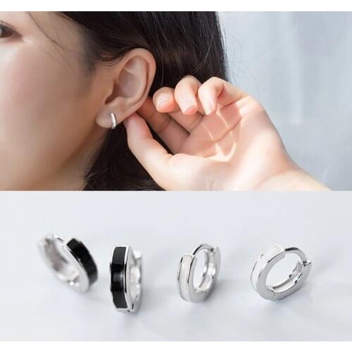 MloveAcc Small Diameter 8MM Black /White Enamel Hoop Huggie Earrings 100% Real Sterling Silver 925 Fine Jewelry