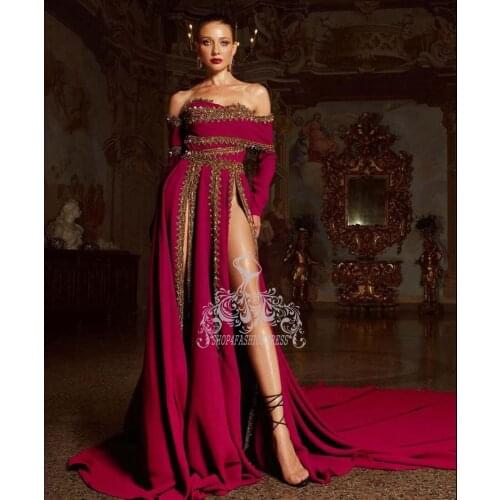 2021 Unique Fuchsia Boat Neck A-line Prom Dresses Sexy High Slit Shiny Side Prom Gowns With Long Train Event Party Dress Vestido