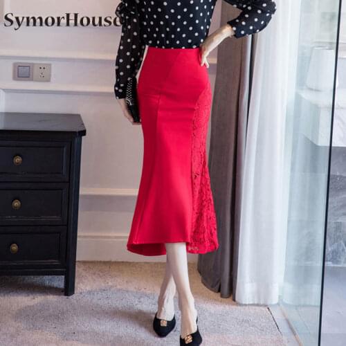 Women Black Red Lace patchwork Skirt High Waist Slim Midi Modest Length Female Package Hip Jupes Office Elegant Mermaid skirts