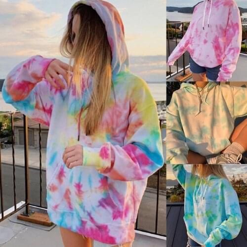 Women Casual Autumn Long Sleeve Tie Dye Pocket Loose Hoodie Sweatshirt Pullover