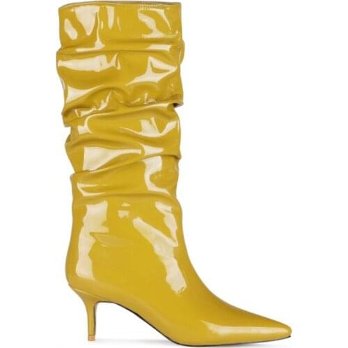 US4-11 Womens Pointed Toe Mid Calf Boots High Stilettos Heel Patent Leather Shoes Pull On 6Colors Plus Size 34-45