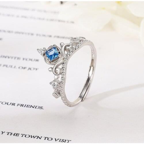 2021 Christmas Gift Korean Style Wedding Anniversity Big Blue Zircon Stones Crown Open Women Rings 925 Sterling Silver Mama Girl