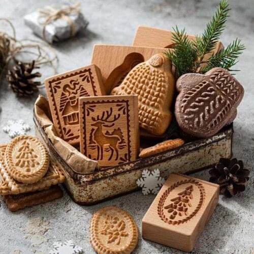 3D DIY Wooden Baking Mold Biscuit Chocolate Dough Engraved Cookies Cutters Embossing Mould Kitchen Pastry Accessories