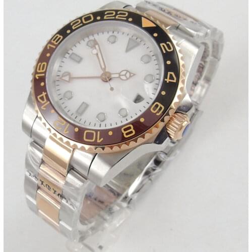 40mm White Sterile Dial Black Red Ceramic Bezel GMT Function Sapphire Steel Case Luminous Automatic Movement Mens Watch