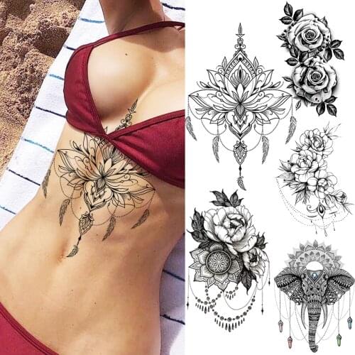 Large Henna Lotus Pendant Sexy Chest Temporary Tattoos For Women Adult Rose Flower Elephant Fake Tattoo Sticker Underboob Tatoos