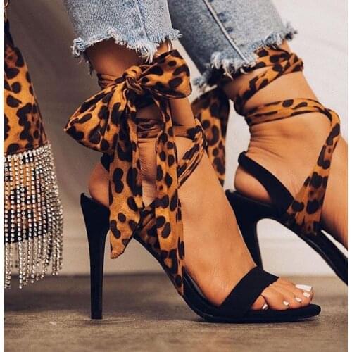 Summer Fashion Leopard grain Party Sexy Open-toed Thin heels Sandals Elegant Buckle Strap Lady Pumps Sandals size 35-41