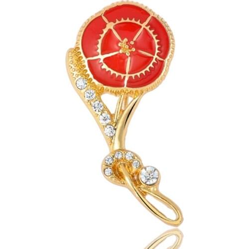 2020 New Women Brooches Clothes Accessories Mothers Day Gift Gold Pave Crystal Inlaid Red Enameled Flower Lapel Pin BroachX1472