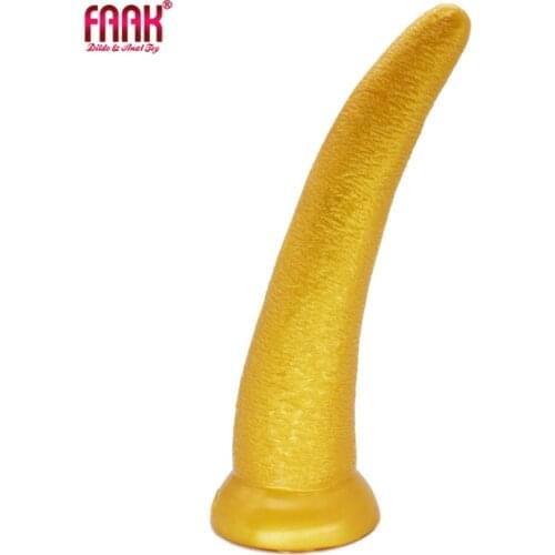 FAAK golden curved long dildo ox horn design soft silicone penis with suction anal plug suction g spot stimulate pussy sex toys